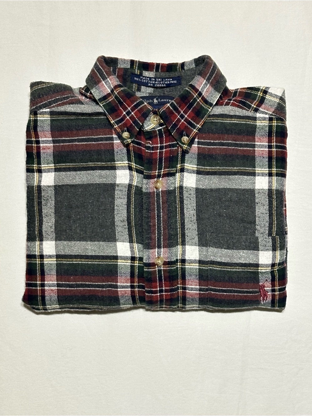Ralph Lauren  Maroon, Gray & White Plaid Flannel Button-Down Shirt